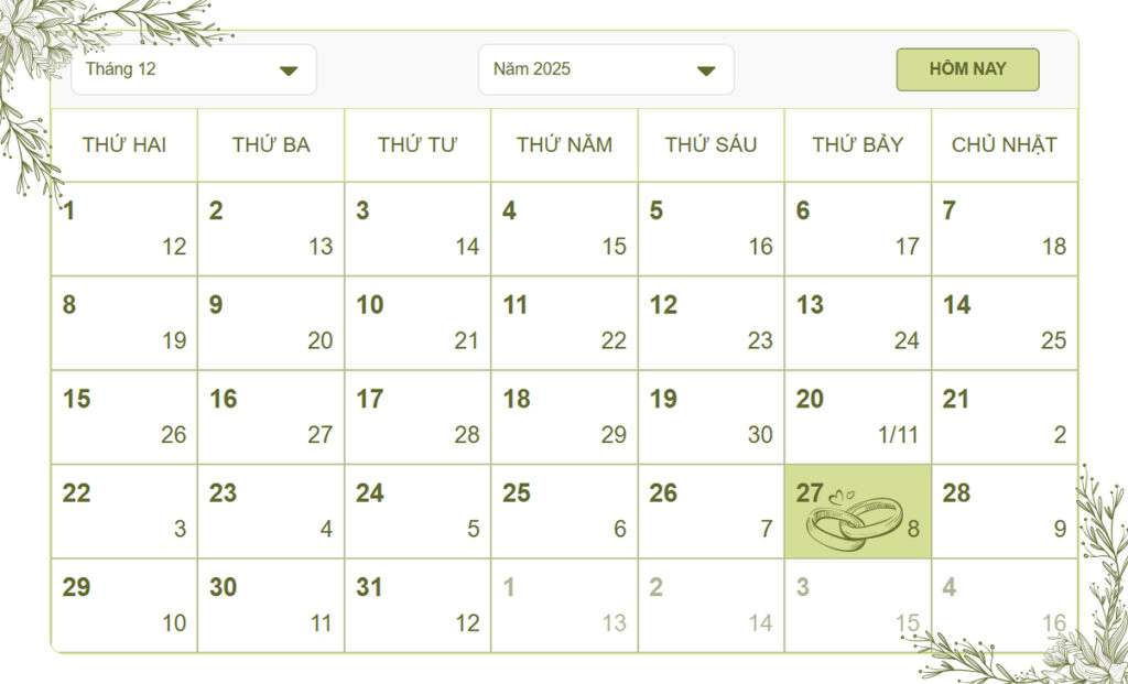 Lịch lễ cưới hôn phối