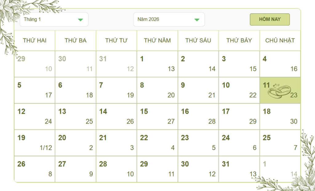 lịch cưới nhà chú rể